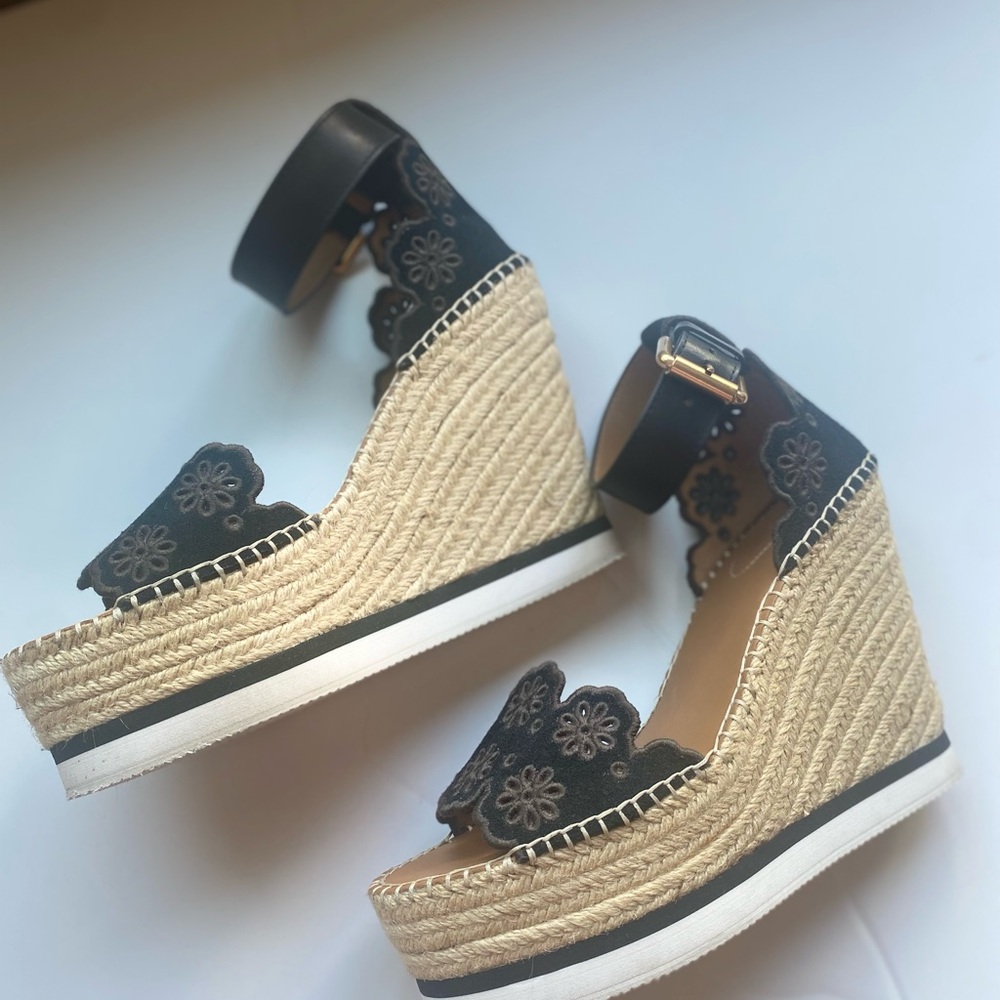 See By Chloe Black and Tan Wedges with Espadrille Style